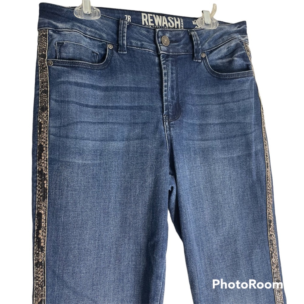 Rewash Brand Blue Jeans 7 R 28 x 28 Snake Print Trim Distressed Stretch